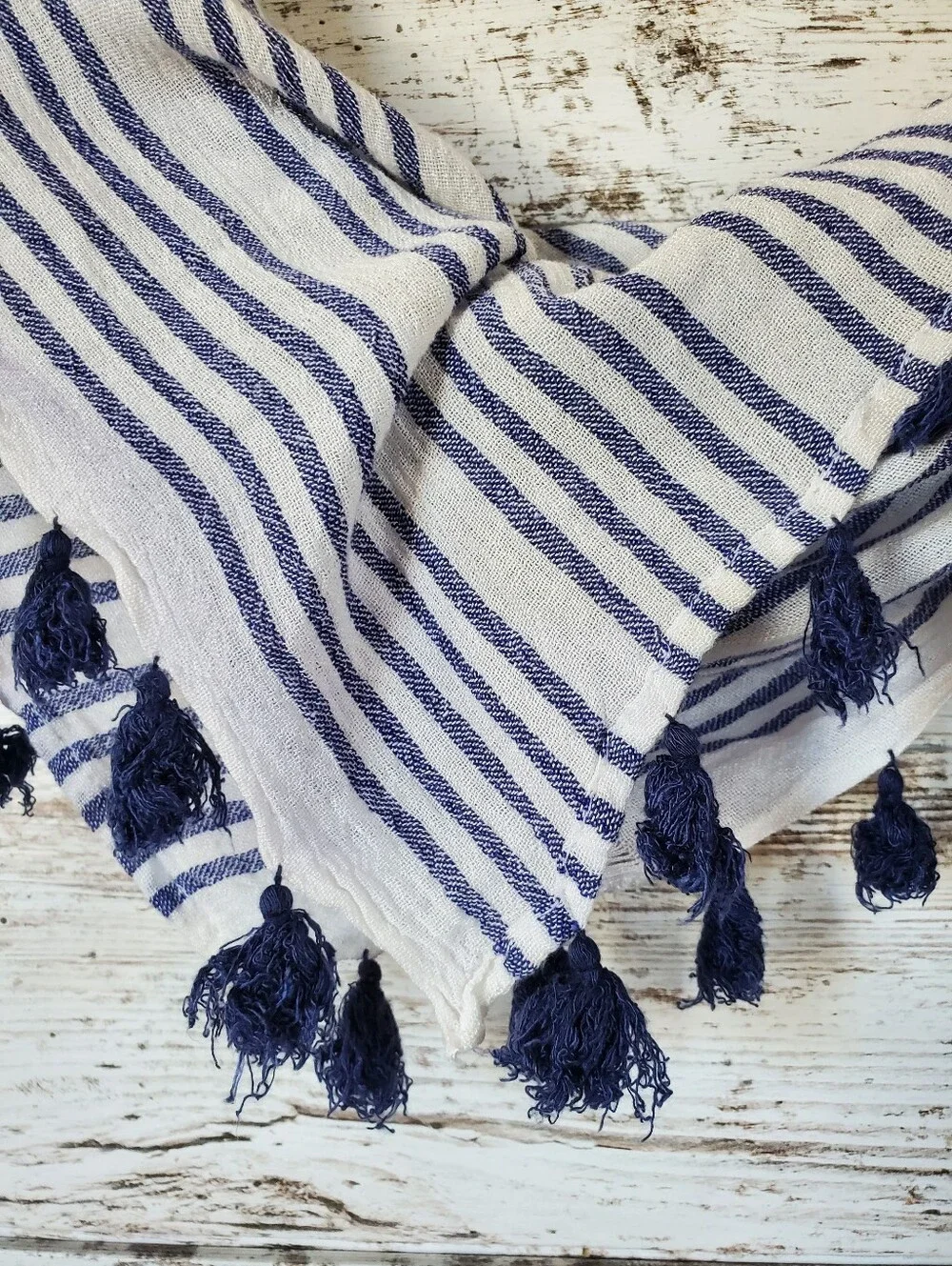 Scarf Set Blue White Stripe Cotton Long Rectangle & Flouncy Tassel Scarf